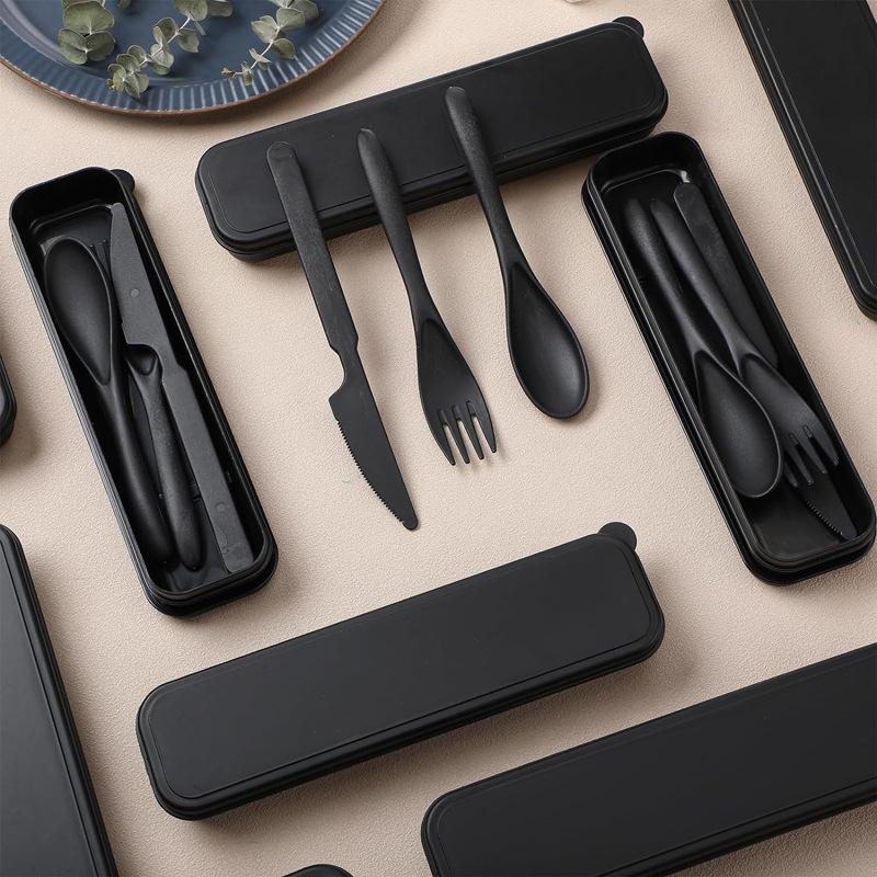 Black Wheat Straw Outdoor Cutlery Set: Portable Knife, Fork, Spoon Trio.