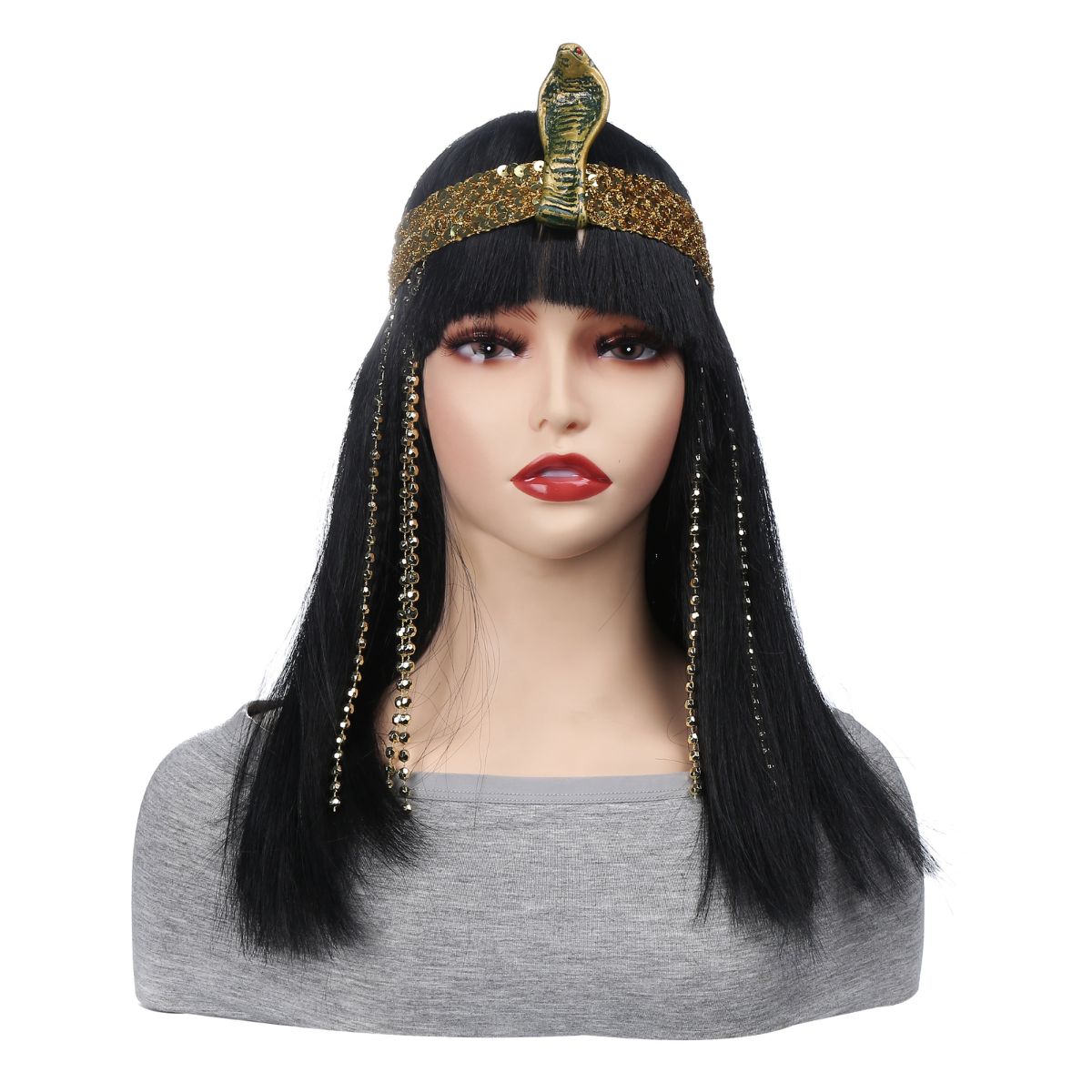 

Stylish Queens of Egypt Synthetic Black Straight Wigs for Women With Snake Headband Accessories Halloween Costumes Party Cosplay