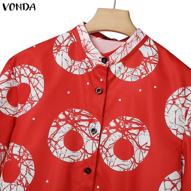 VONDA 2PCS Women Stand Neck Long Sleeve Print Cropped Blouse and Pants Casual Two Piece Suit Sets