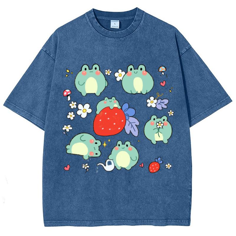 Women's Cartoon Cute Little Frog Strawberry Print T-Shirt,  Luxury Design, Short Sleeve, Washed Retro Style Top
