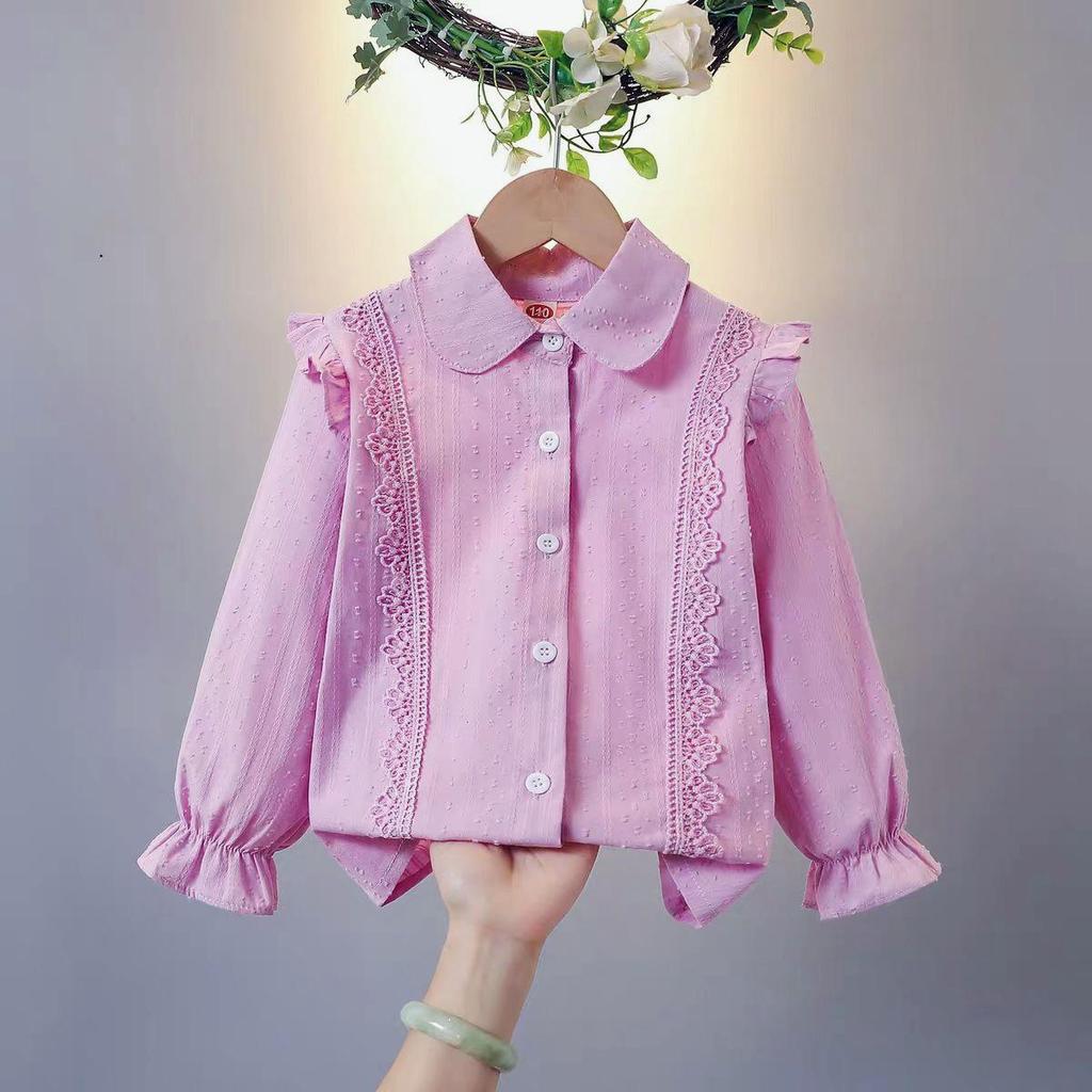 Spring 2024 Girls' White Long Sleeve Shirt with French Lace Collar