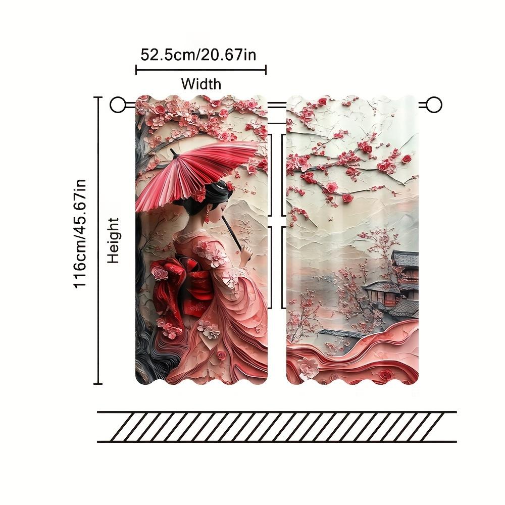 Sada 2 živých japonských gejš jarních závěsů Polyester Design Sakura Hora Fuji Ložnice Venkovní Festivalová Dekorace Okenní Dekorace
