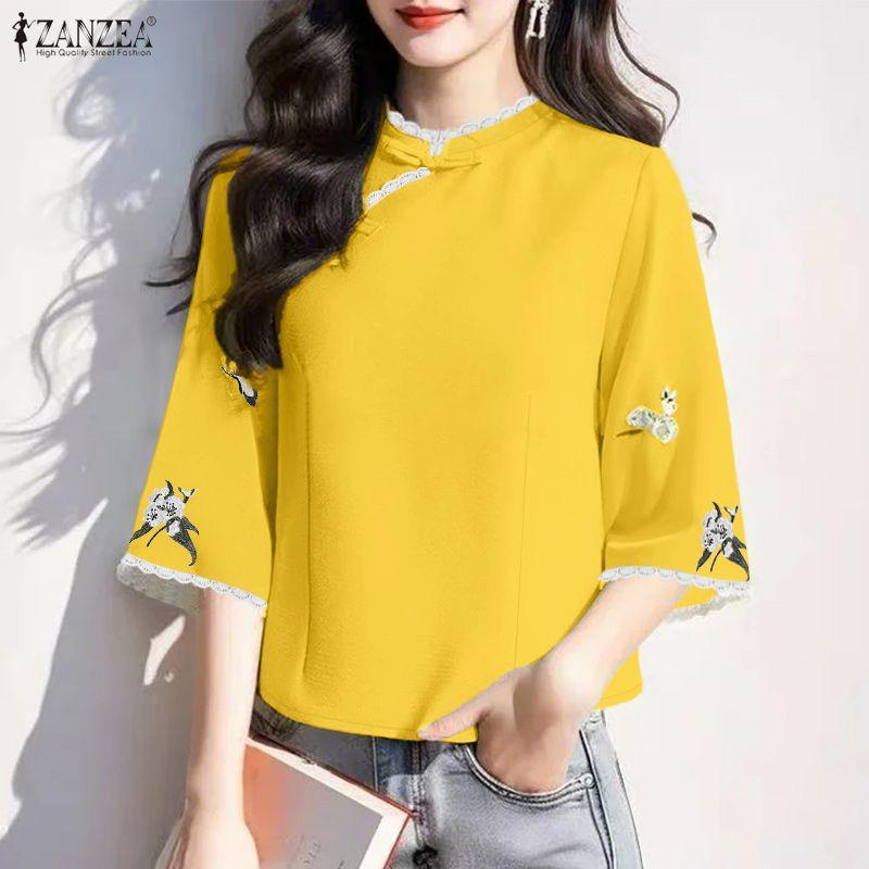 ZANZEA Women Casual Stand Collar Loose 3/4 Sleeve Blouse