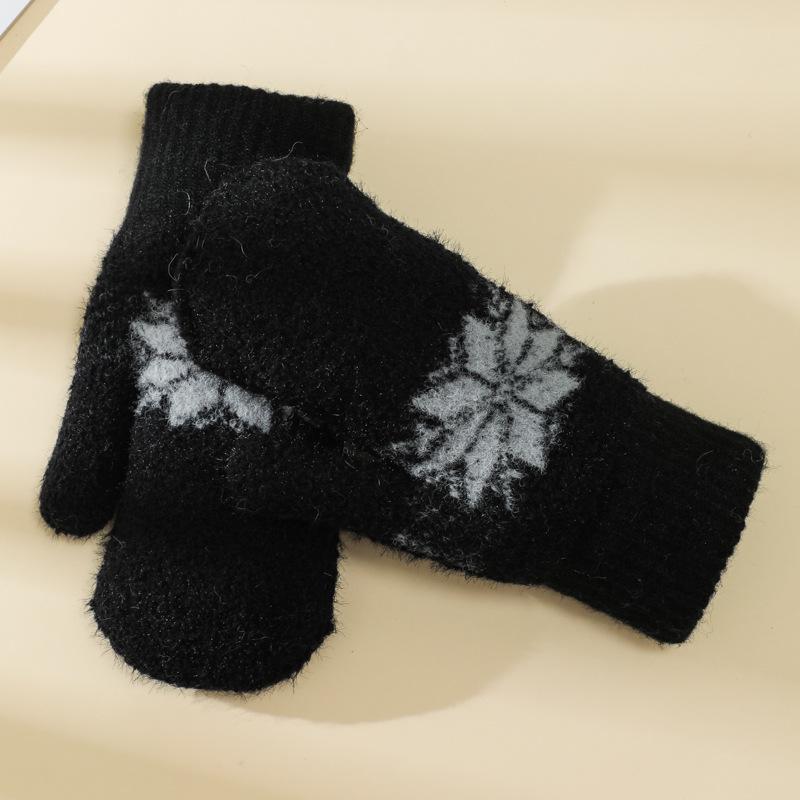 Korean-Style Cute Snowflake Lamb Wool Fingerless Winter Gloves: Thick, Warm, Double-Layered Mittens for Students.