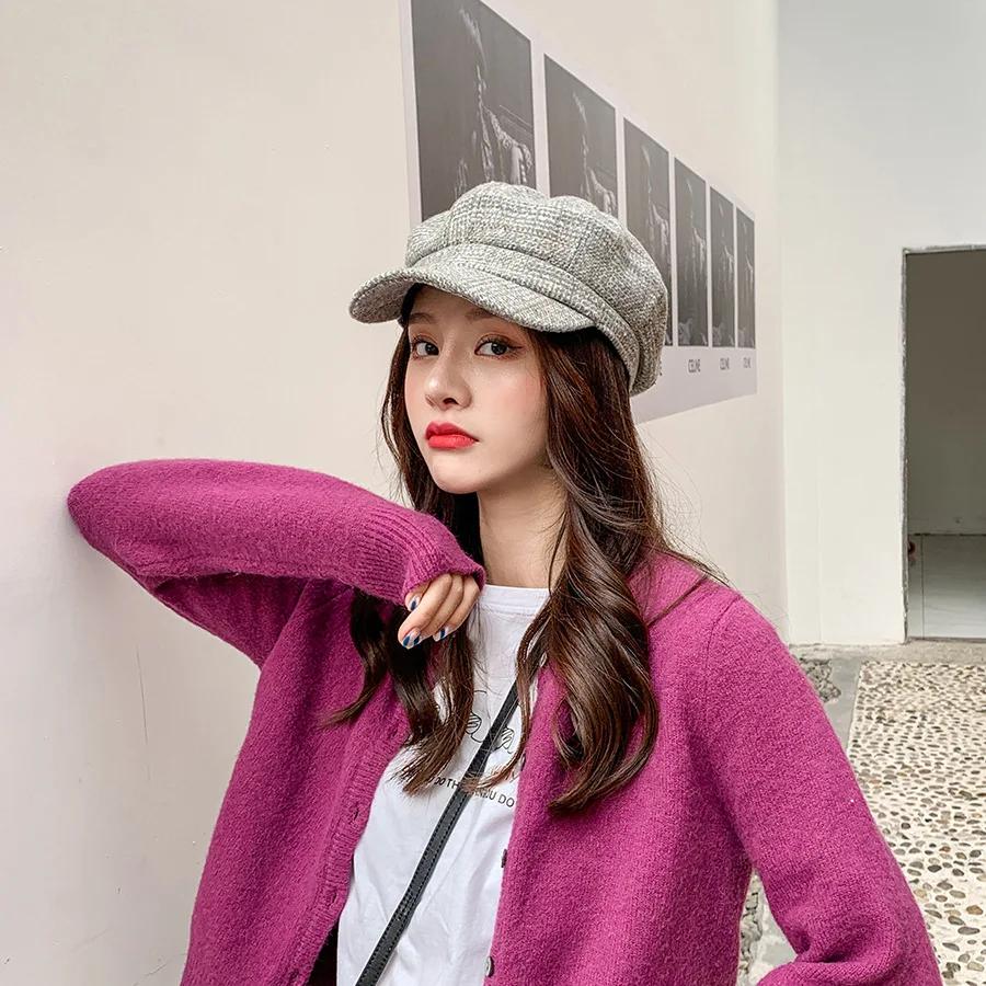 Women's Vintage Octagonal Beret, Newsboy Hat, Casual Imitation Woolen, Plaid, New Fashion, 2024
