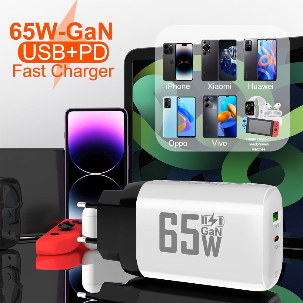 65W GaN QC 3.0 PD Fast Charger, USB, EU/US Spec, 9V/12V Compatible for Laptop