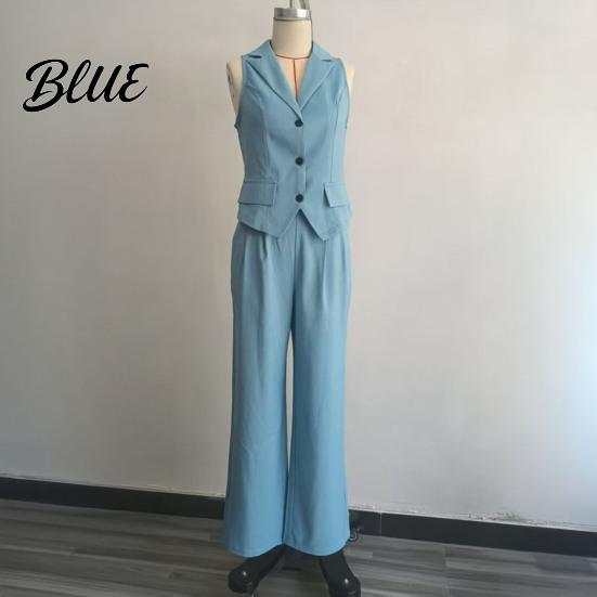 Women Two-piece Women's Summer 2 Piece Business Work Outfits Sleeveless Button Slim Fit Suit Down Vest And Wide Leg Pants Matching Set Clothing