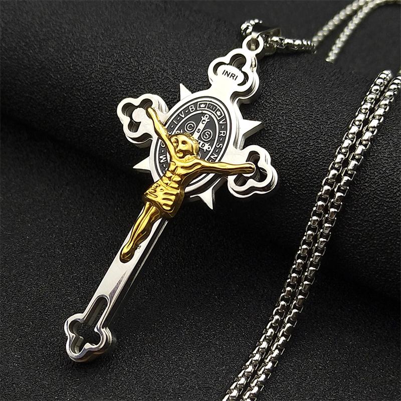Saint Benedict Crucifix Cross Pendant Necklace for Men Women Stainless Steel CSPB INRI Jesus Crucifix Chains Jewelry NZZZ670S02