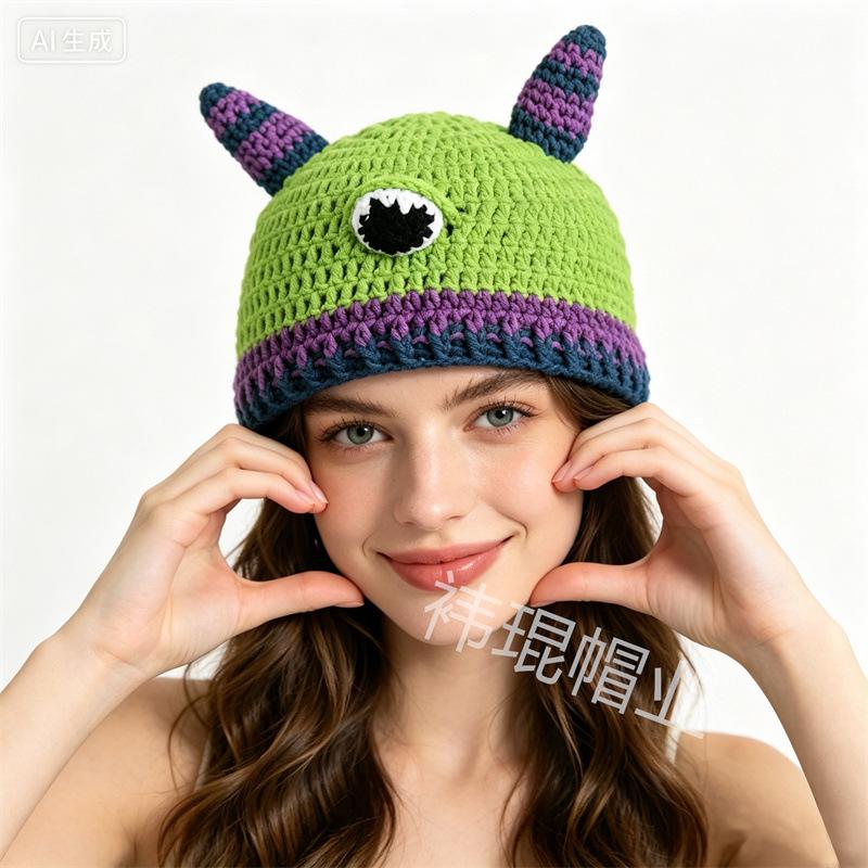Autumn and Winter New Funny Cartoon Cute Wool Hat Warm Knitted Pullover Hat Handmade Crochet Hat