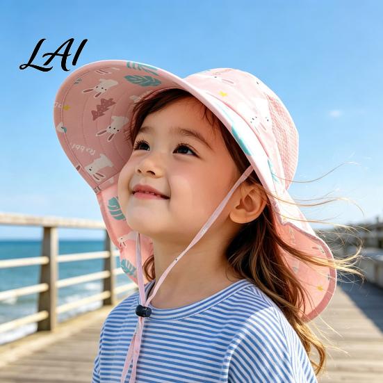 Portable Foldable Beach Hat for Babies Cartoon Kids Sun with Neck Flap Print Breathable Wide Brim Cap Running Boys Girls UV Protection Outdoor