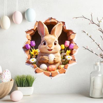 Easter Wall Sticker Funny Rabbit Cracked Peel And Stick Sticker 3D Hole Design Cartoon Self Adhesive Wall Decals for Kids Bedroom Playroom