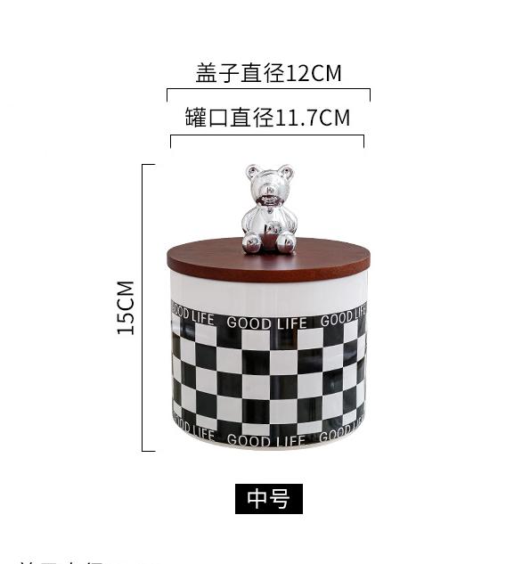 Black and White Grid Ceramic Storage Jar, Sealed Jar with Wooden Lid, Food Storage Container, Candy Jar, Kitchen Supplies