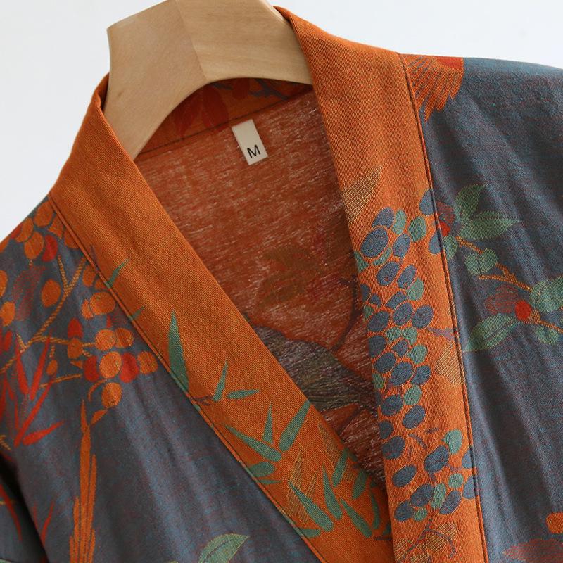 Dámská retro žakárová bavlněná yukata: Lehká jarní/podzimní noční košilka a pyžamo ve stylu kimona.