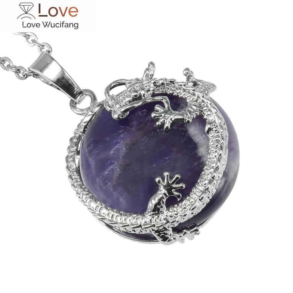 18kgp Sinosaurus Dragon Twine Natural Amethyst Crystal Ball Charms Pendant For Necklace Cool Women Men Jewelry