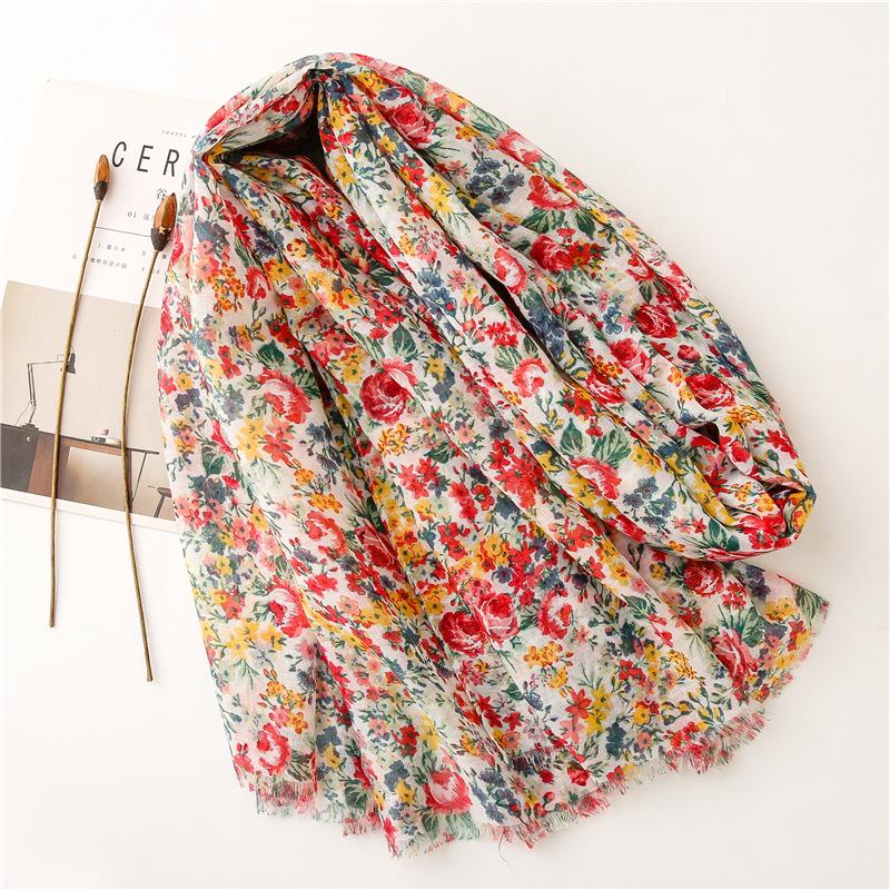 Southeast Asia Ethnic Style Red Floral Headscarf - Retro Long Cotton & Linen Feel Scarf for Women