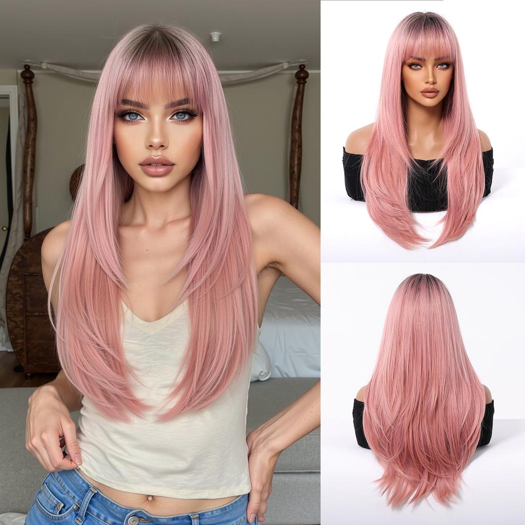 Zwarte Highlights Roze Synthetische Pruik met Pony Lange Rechte Zwarte Highlights Rode Pruik Voor Vrouwen Cosplay Feest Kerstpruik 26inch