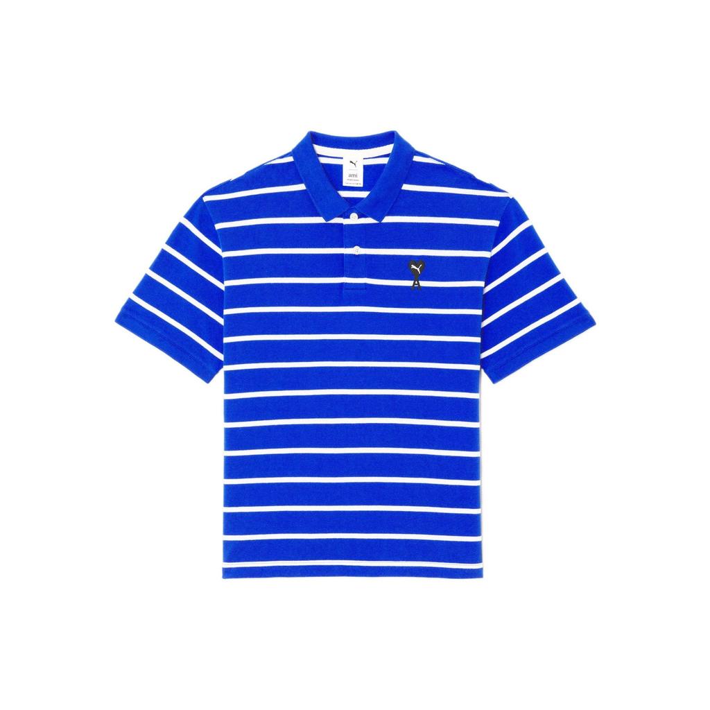 Puma X Ami Paris Co-Branded Series Heart Logo Contrast Stripe Short Sleeve Polo Men Tops Light-Green Blue 534067-93