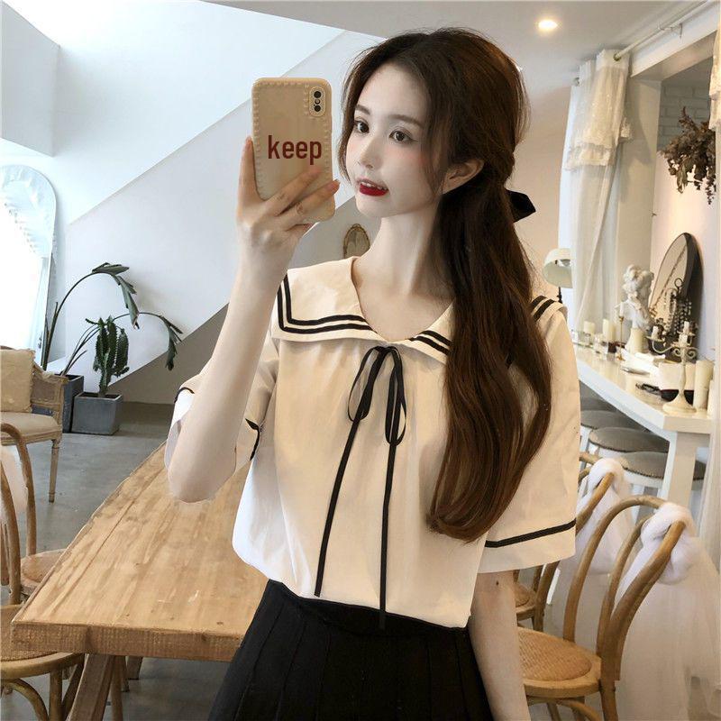Women's French Navy Collar Shirt & Pleated Skirt Set - Fresh JK Campus Style