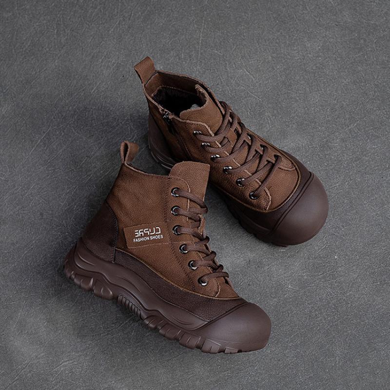 Johnature Cizme scurte calde de pluș de iarnă, retro, din piele naturală, de culoare uni, pantofi de damă, versatili, confortabili