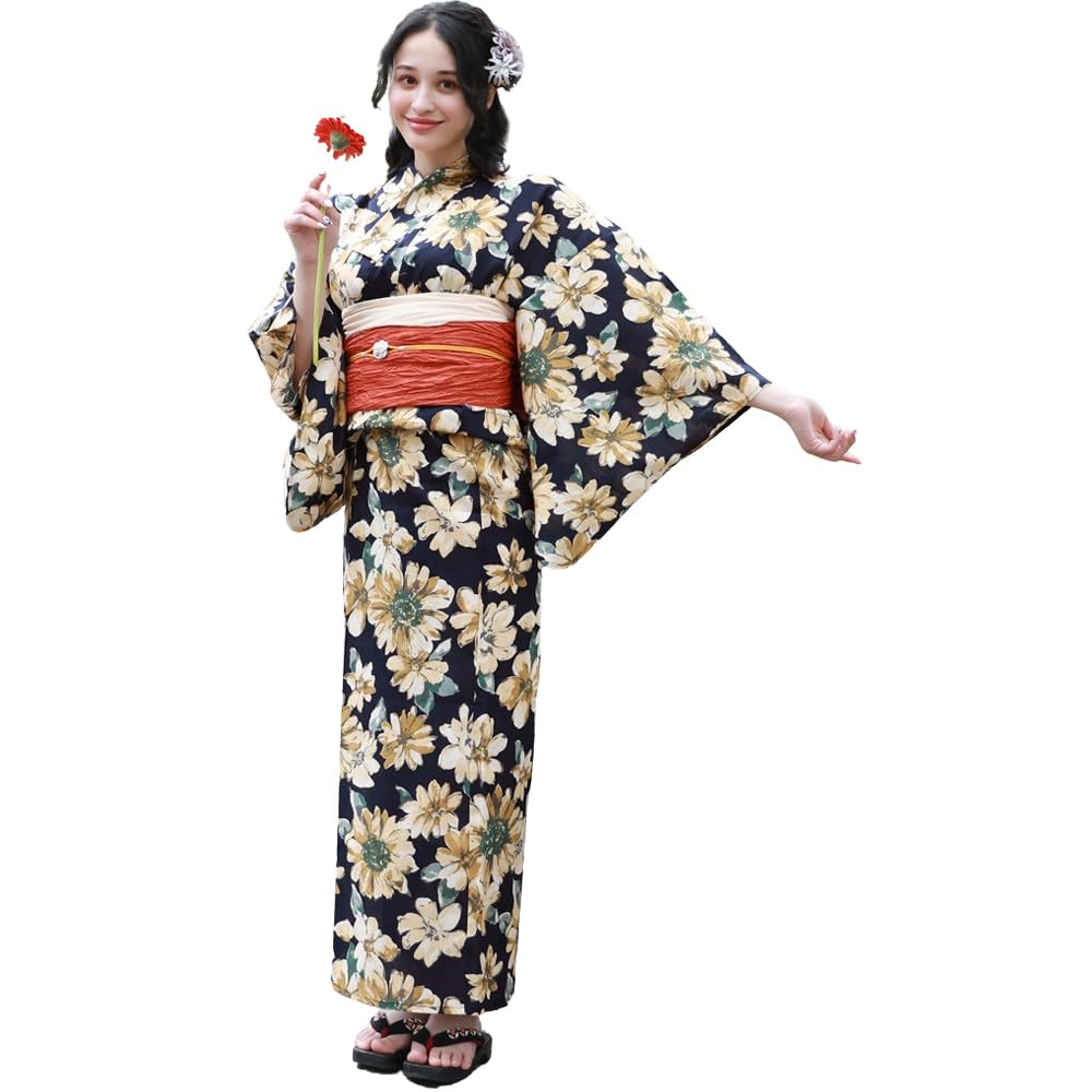 Adult Yukata Set Your Set with Heko Obi Beige Sunflowers on a Dark Navy (Choose Own) Two-Piece (Size L, 4. Background)