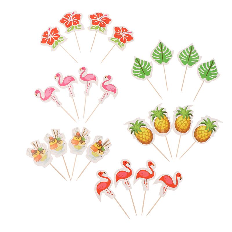 24Pcs Luau Cupcake Toppers Hawaiian Toothpicks With Flamingo Pineapple Palm Leaves Shape Picks Tropical Summer Beach Party Decor