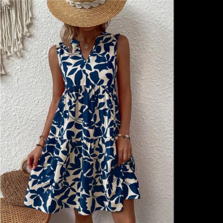 Women V-neck Bohemian Fashion Print Dress Loose Pleated S синий