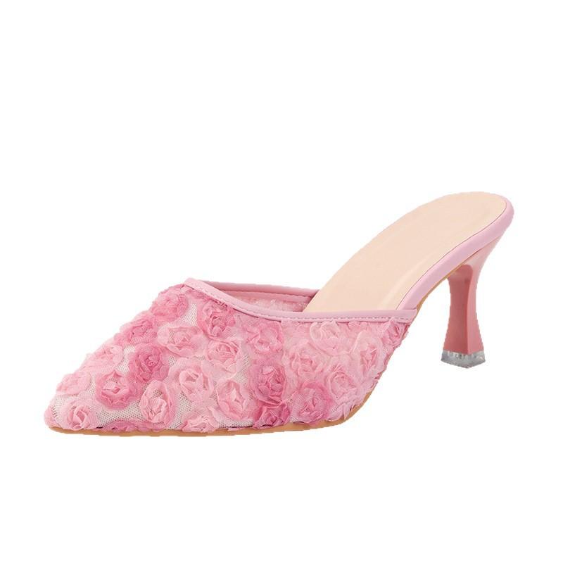 Summer new flower pointed high heel cool slippers women's summer wear fashion thin heel bag head half slippers