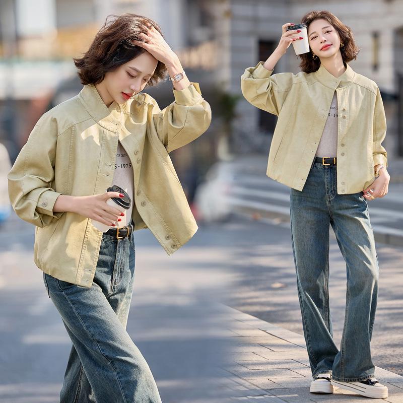 

Женская повседневная ретро кожаная мотоциклетная куртка - Весна/Осень 2025 YG82945 XXL 130-140 jin жёлтый