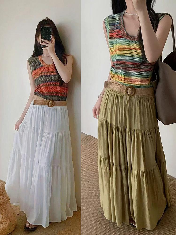 Women's High Waist French Ice Silk A-line Skirt - Early Spring Cotton Linen Umbrella Hem