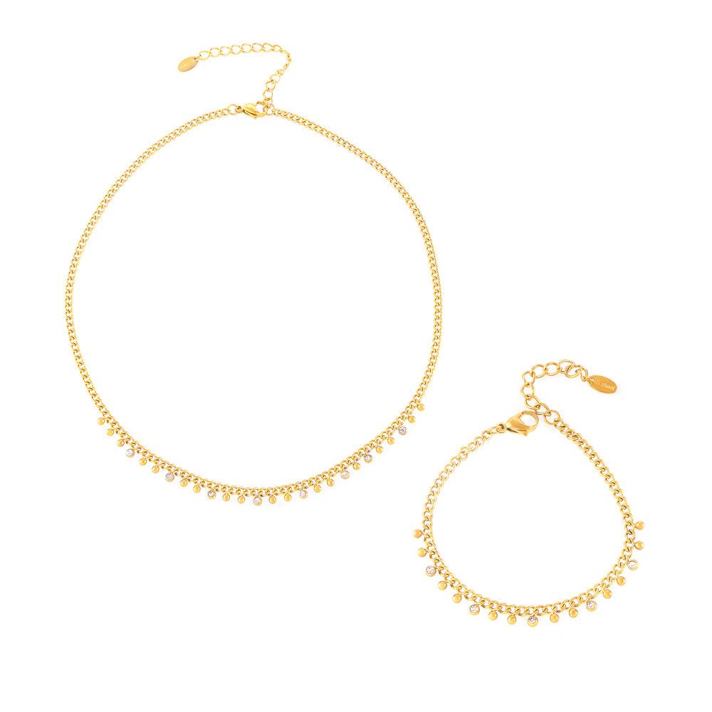18K Gold-Plated Titanium Steel Necklace & Bracelet Set with Round Bead Spacer & Diamond Tassel
