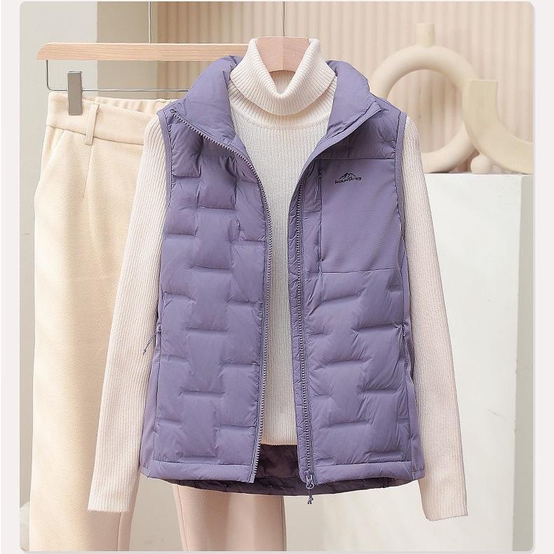 Women's Lightweight 90% Duck Down Vest for Autumn and Winter - Stand Collar, Warm Sleeveless Design for Outdoor, Camping, Sports, and Fitness