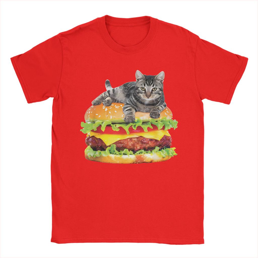 Men Hamburger Space Cat Funny Kitty T-Shirts  Pure Cotton Top Tees Beach Street Style T-Shirt O-Neck Trending Tee Shirt Big Size