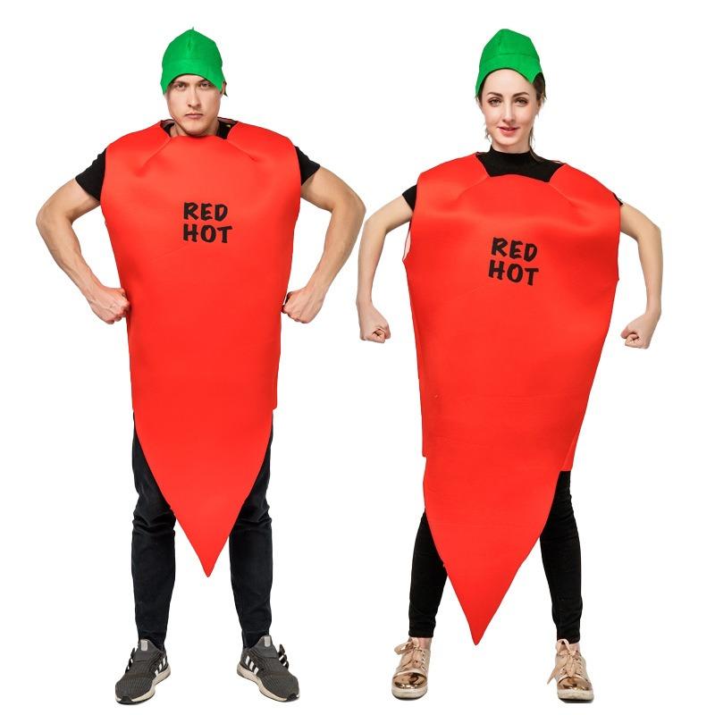 Halloween Costume Couple Red Pepper Jumpsuit with Hat Spoof Stage Role Party Suit