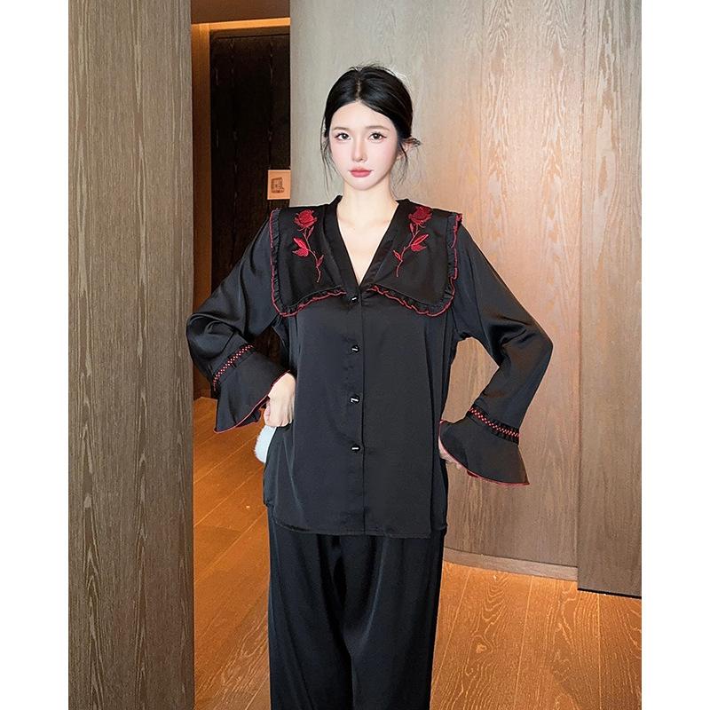Rose Doll Collar French Sweet Ladies Pajamas Ice Silk Autumn and Winter Long Sleeve Comfortable Homewear Set