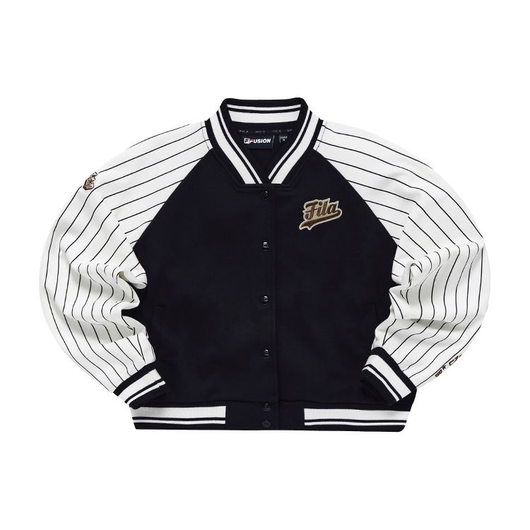FILA Fusion Letter Print Striped Sleeve Baseball Jacket Women jackets Black T11W312702F-BK