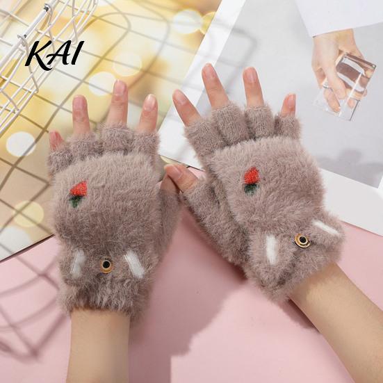 Practical Gift for Winter Furry Cat Paw Thermal Gloves, Flip Top Mitten with Button Women, Half Finger Writing Gloves Students Plush Cute Bear