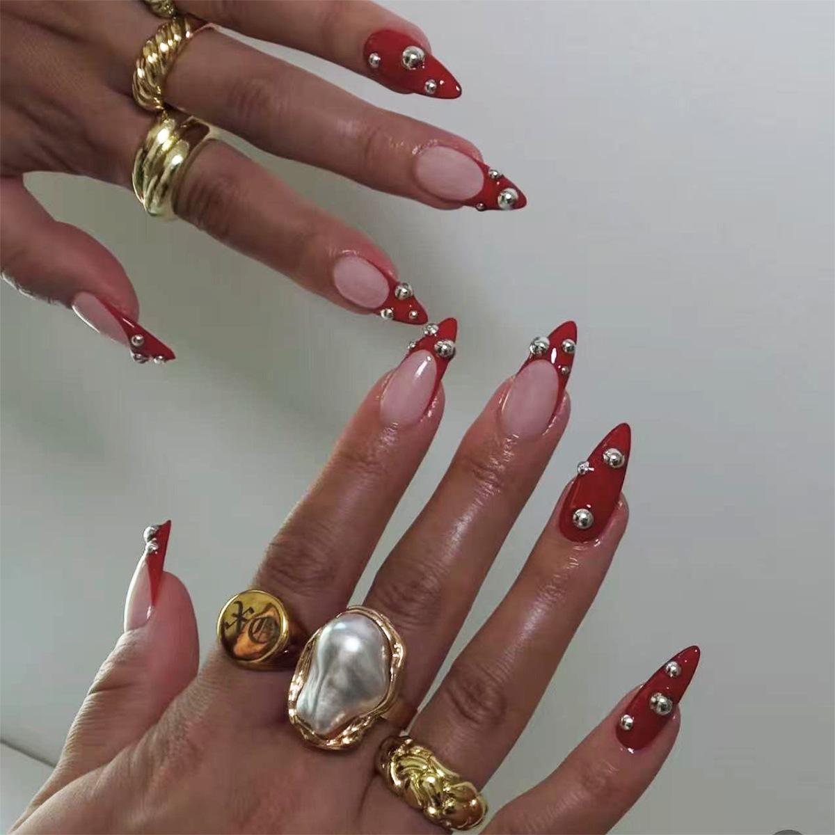 

Французькі мигдалеподібні нігті зі стразами у формі краплі води - Набір з 24 штук у стилі відбілювання Glue Version