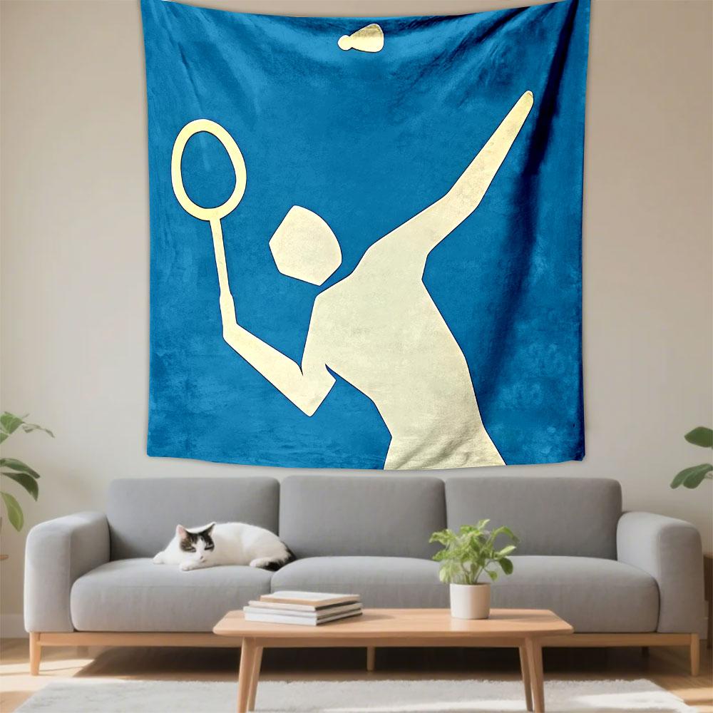 Minimalist Badminton Player Wall Tapestry Cream Silhouette Serving Racket Shuttlecock Blue Decor for Bedroom Game Room Gift