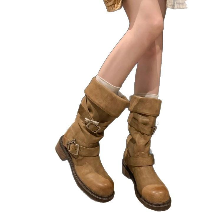[Jiayun] Dune Aesthetics~ Retro Fried Street Color Rubbing Retro Double Button Medium and High Western Boots Female Knight Boots