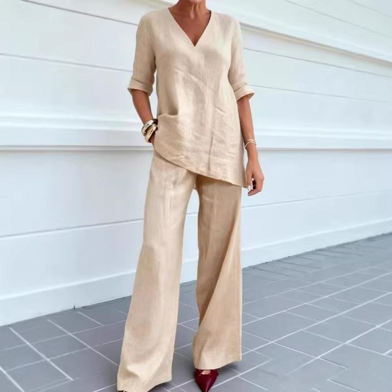 Completi da Donna in Lino a 2 Pezzi Manica 3/4 Scollo a V Pantaloni a Gamba Larga Abiti da Spiaggia Viaggio