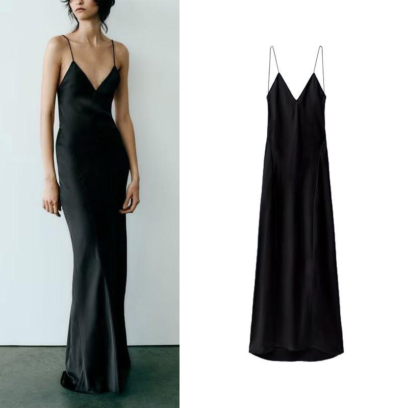 Spring New Arrival French Black Dress Evening Long Dress Silk Satin Texture Intimates Style Dress 8325840