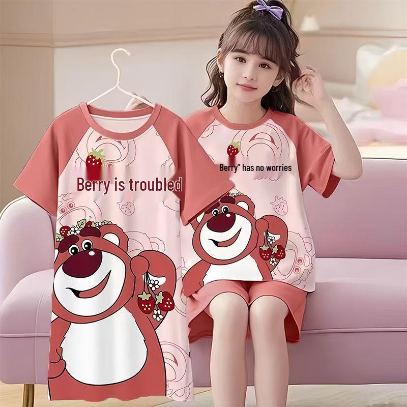 Three-Piece Girls' Pajama Set: Short Sleeve, Long Pants, Lightweight Sleepwear for Kids