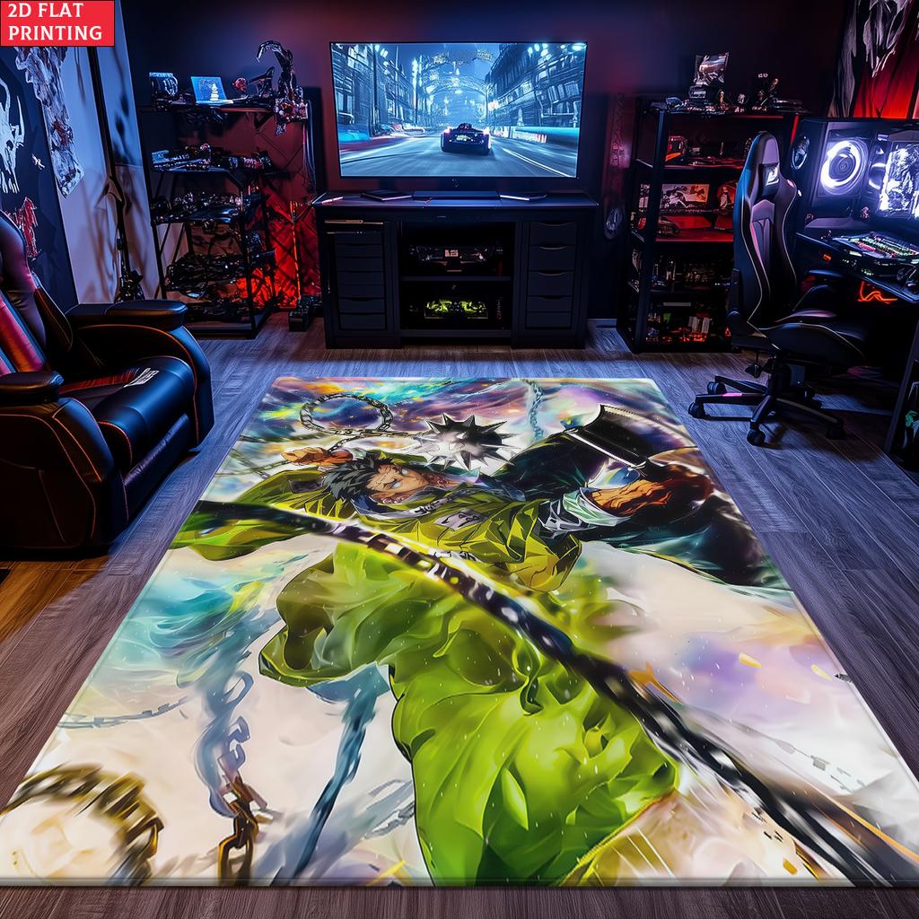 Anime Warrior Area Rug, Green Flame Chain Theme Floor Mat, Decorative Carpet for Gaming Room Bedroom, Washable Home Decor Gift