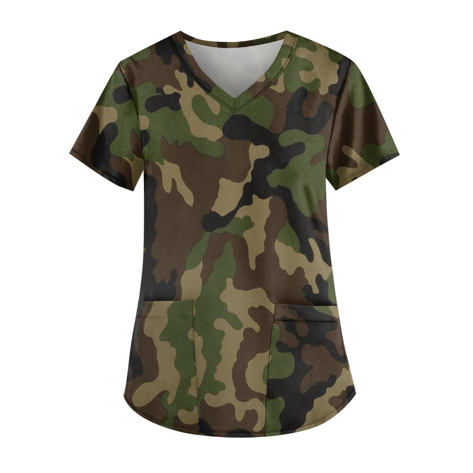 

Жіночі модні повсякденні камуфляжні принтовані топи з V-подібним вирізом і кишенями Робочий одяг XXXXXL