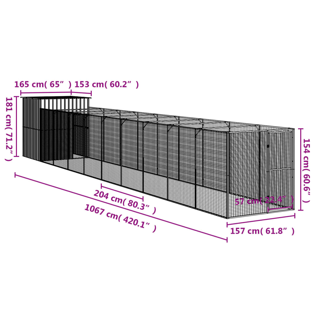 Dog Kennel with Run Light Grey 165 x 1067 x 181 cm Galvanized Steel