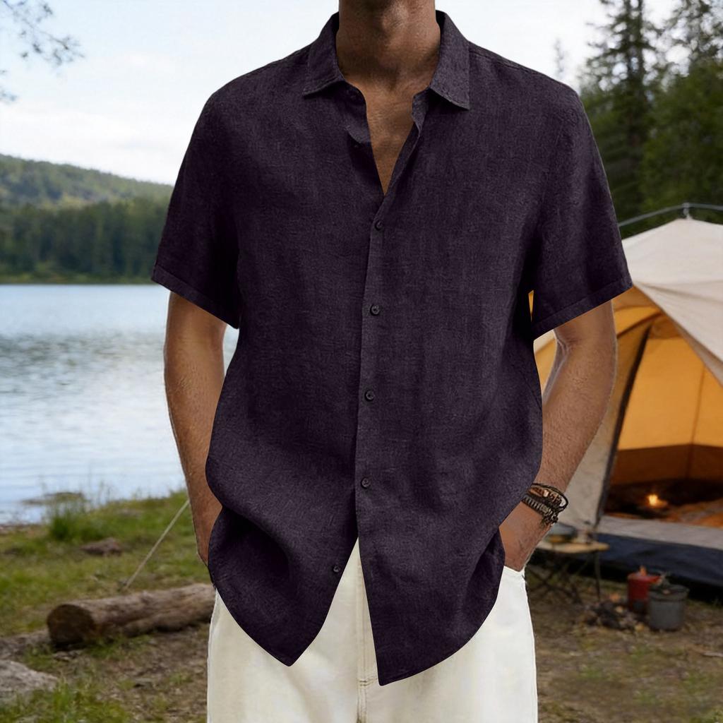 Men's Short Sleeve Button Down Shirt Lightweight Linen Blend Casual Loose Fit Summer Top with V Neck Collar