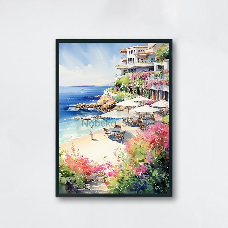 Watercolor Style Mediterranean Coast Sea Poster Seaside Landscape Prints Canvas Painting Wall Art Pictures Home Room Beach Decor