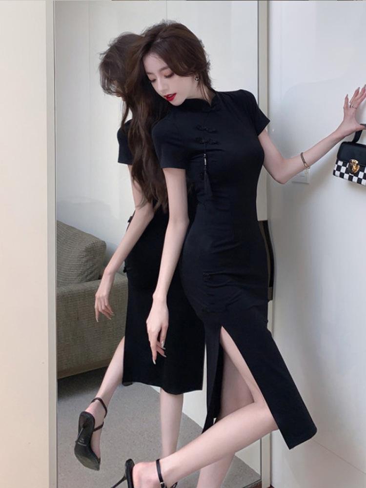 Black cheongsam new women's summer retro Chinese style women's clothing medium and long light improved dress
