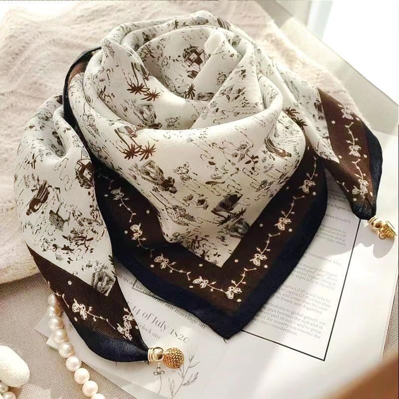 106x65cm Necklace Gift Silk Scarf Elegant Painted Pattern Versatile Neck Scarf Luxury Magnetic Closure French Style Multi-Color