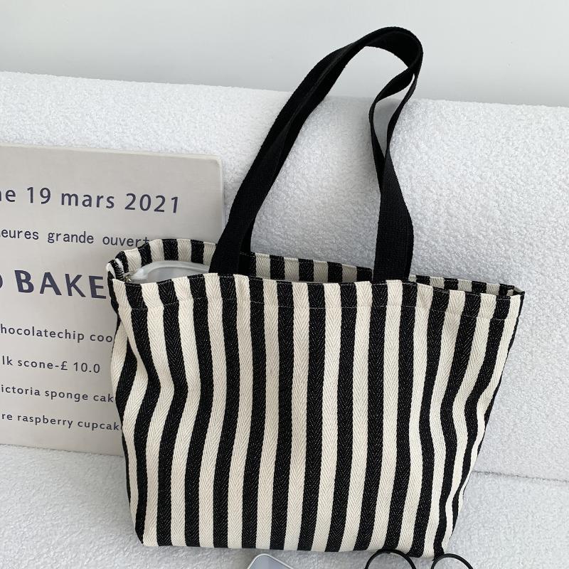 1Pcs Female Daily Shopping Bags Simple Striped Women'S Canvas Casual Shoulder Bags Fashion Large Capacity Ladies Tote Handbags